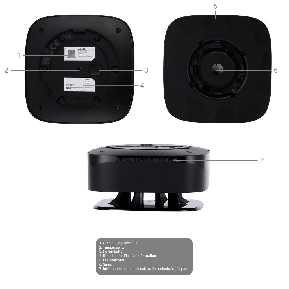 Détecteur de CO - Piles remplaçables - Sans fil 868 MHz Jeweller - Sirène 85 dB intégréee - Certifié EN 50291