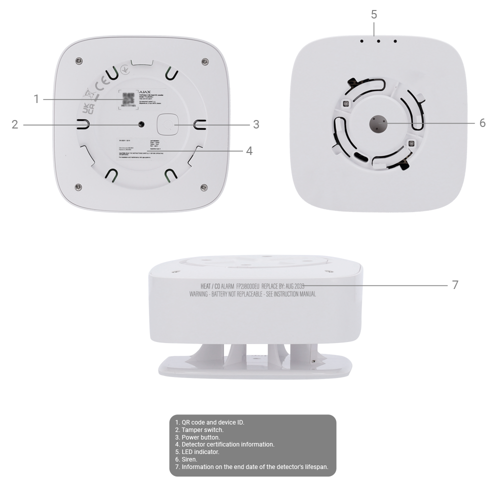 Détecteur de CO Sans fil 868 MHz Jeweller Sirène 85 dB intégréee Certifié EN 14604 Alimentation 2 batteries lithium non remplaçables