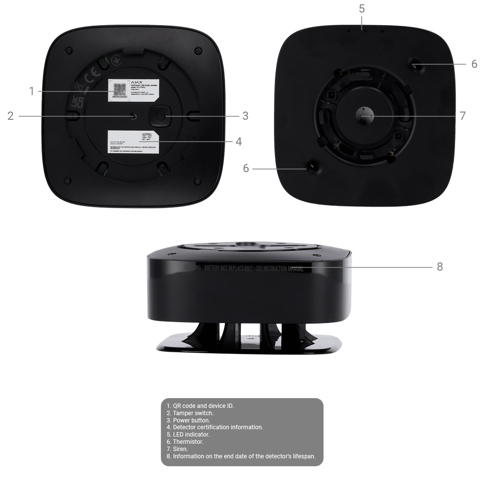 Détecteur thermovélocimétrique et de CO2 - Piles intégrées - Sans fil 868 MHz Jeweller - Sirène 85 dB intégréee - Certifié EN 50291