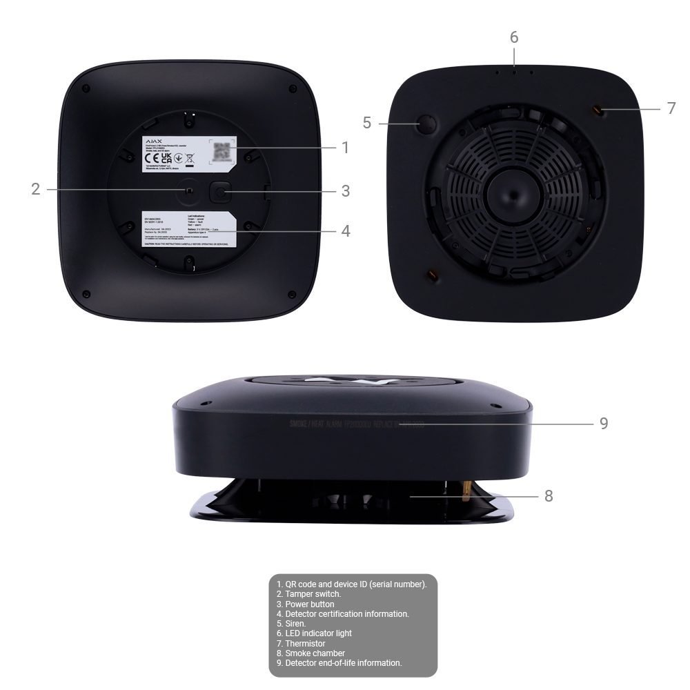 Détecteur de fumée et thermovélocimétrique - Piles remplaçables - Sans fil 868 MHz Jeweller - Sirène 85 dB intégréee - Certifié EN 14604