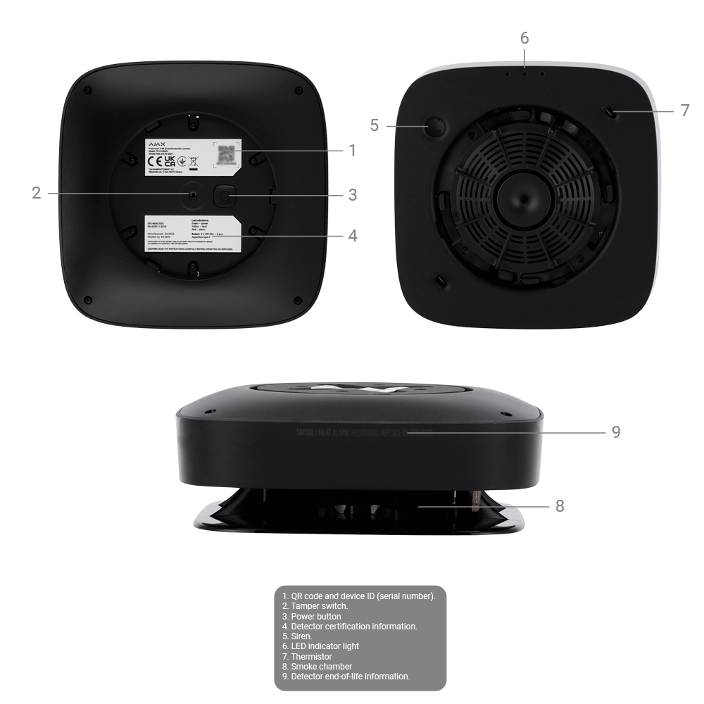 Détecteur de fumée et thermovélocimétrique - Piles intégrées - Sans fil 868 MHz Jeweller - Sirène 85 dB intégréee - Certifié EN 14604