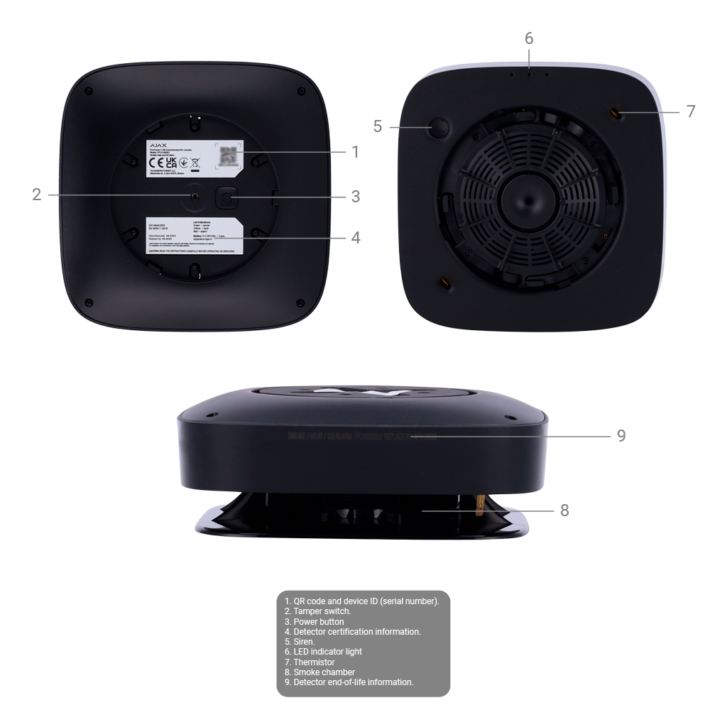Détecteur de fumée et CO Capteur de température Sans fil 868 MHz Jeweller Sirène 85 dB intégréee Certifié EN 14604 Alimentation 2 piles CR123A