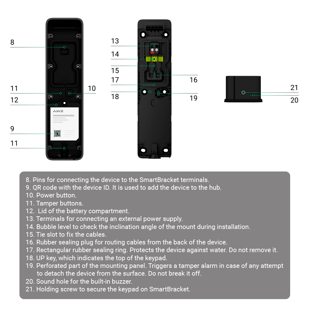 Ajax - Clavier indépendant - Certificat de grade 2 - Bidirectionnel - Sans fil 868 MHz Jeweller - Antenne interne portée de jusqu'à 1700 m en champs libre - Tamper anti-ouverture - Permet l'armement total/partiel/desarmement par code - 
