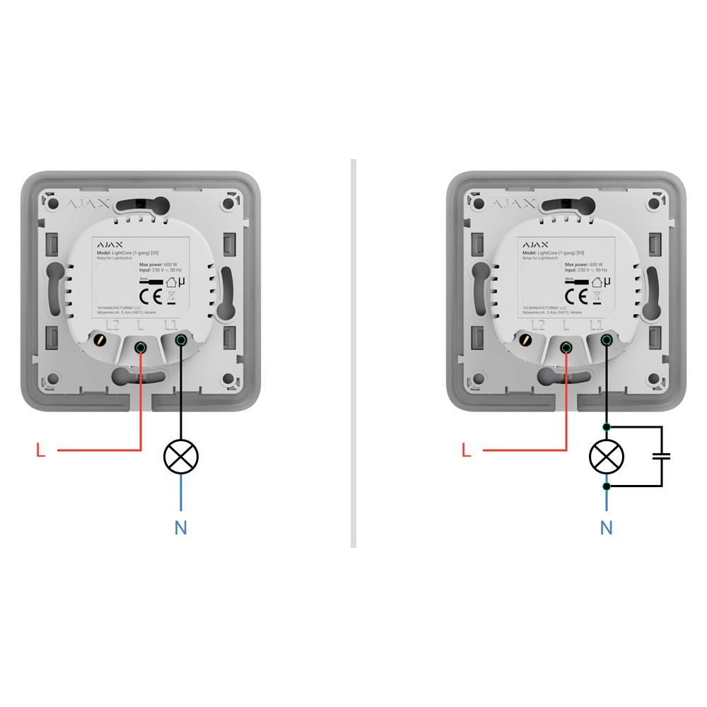 Relais vertical à interrupteur intelligent unique - Sans fil 868 MHz Jeweller - Portée de communication jusqu'à 1100 m - Alimentation électrique 230 V CA 50 Hz - Pas besoin de câble neutre - Ajax - LightSwitch LightCore Vertical (1 Gang)
