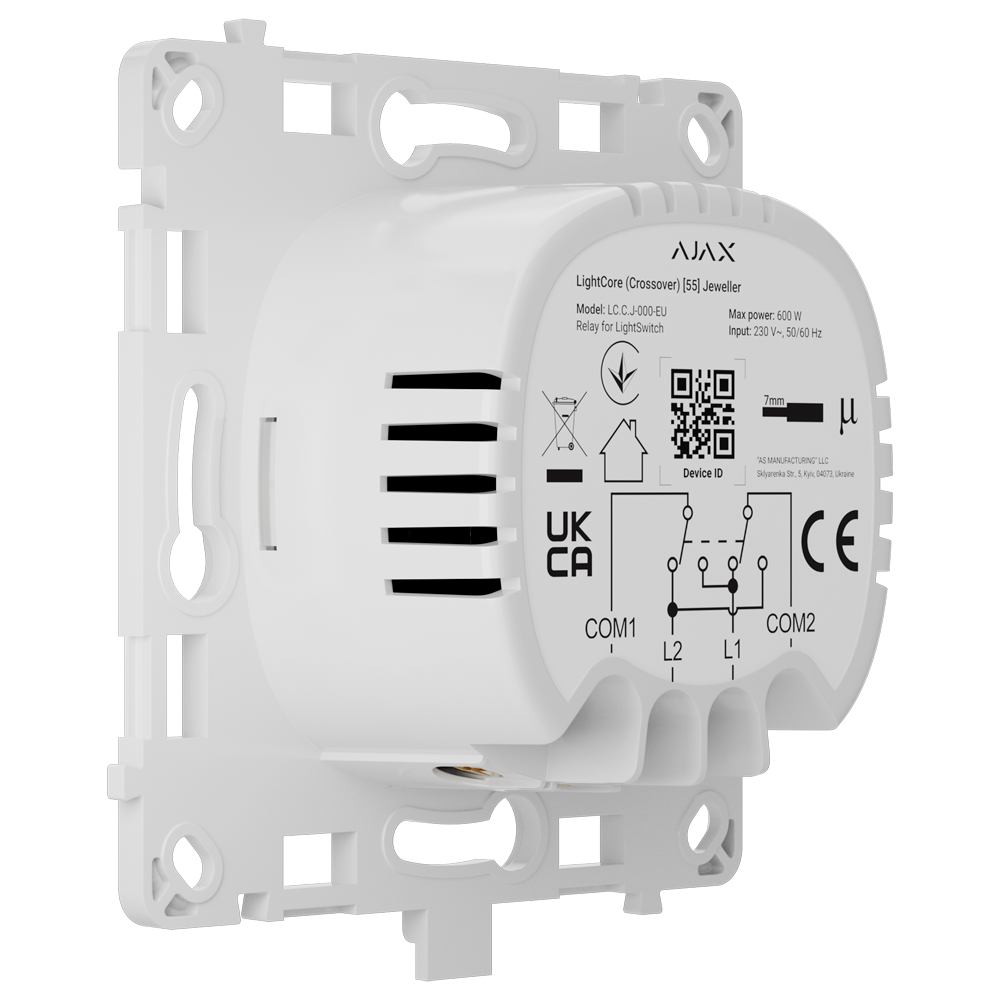 Relais pour l'interrupteur des feux de croisement - Sans fil 868 MHz Jeweller - Portée de communication jusqu'à 1100 m - Alimentation électrique 230 V CA 50 Hz - Pas besoin de câble neutre - Ajax - LightSwitch LightCore (Crossover)
