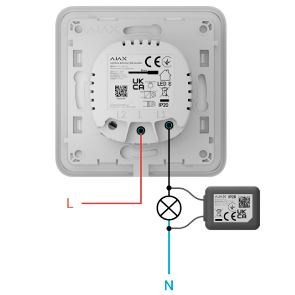 Interrupteur d'éclairage intelligent à gradation par relais - Sans fil 868 MHz Jeweller - Portée de communication jusqu'à 900 m - Alimentation électrique 230 V CA 50 Hz - Pas besoin de câble neutre - Ajax - LightSwitch LightCore (Variateur)