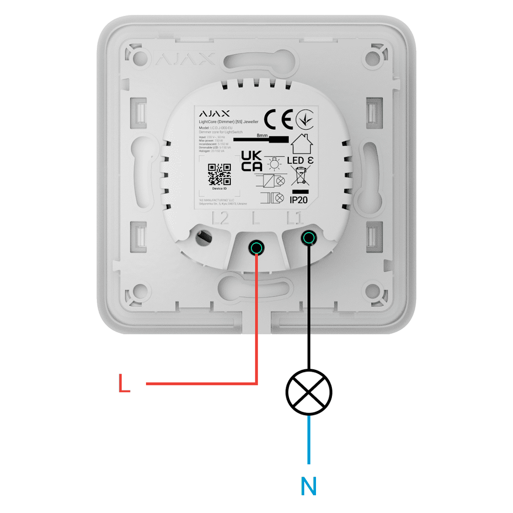 Interrupteur d'éclairage intelligent à gradation par relais - Sans fil 868 MHz Jeweller - Portée de communication jusqu'à 900 m - Alimentation électrique 230 V CA 50 Hz - Pas besoin de câble neutre - Ajax - LightSwitch LightCore (Variateur)