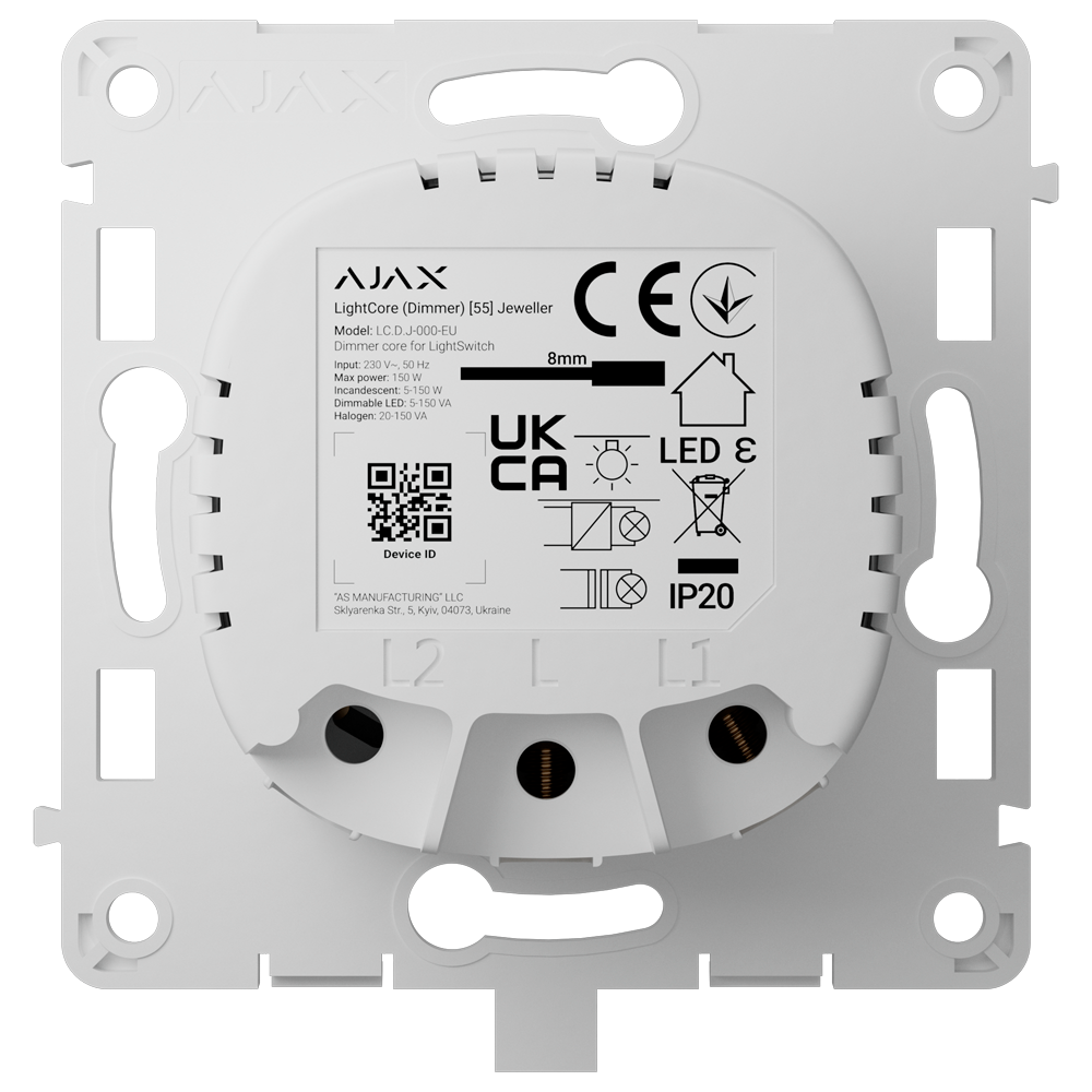 Interrupteur d'éclairage intelligent à gradation par relais - Sans fil 868 MHz Jeweller - Portée de communication jusqu'à 900 m - Alimentation électrique 230 V CA 50 Hz - Pas besoin de câble neutre - Ajax - LightSwitch LightCore (Variateur)