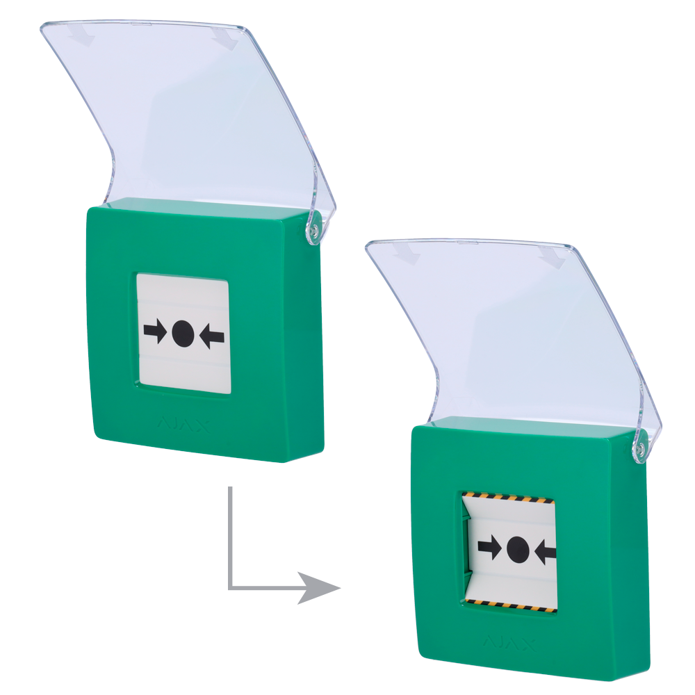 Bouton d'alarme incendie manuel vert - Sans fil 868 MHz Jeweller - Bouton d'alarme incendie ou activateur de scénario - Compatible avec la fonction d'alarme interconnectée - Transmission de l'alarme à l'ARC (configurable) - Alimentation 2 piles CR123A