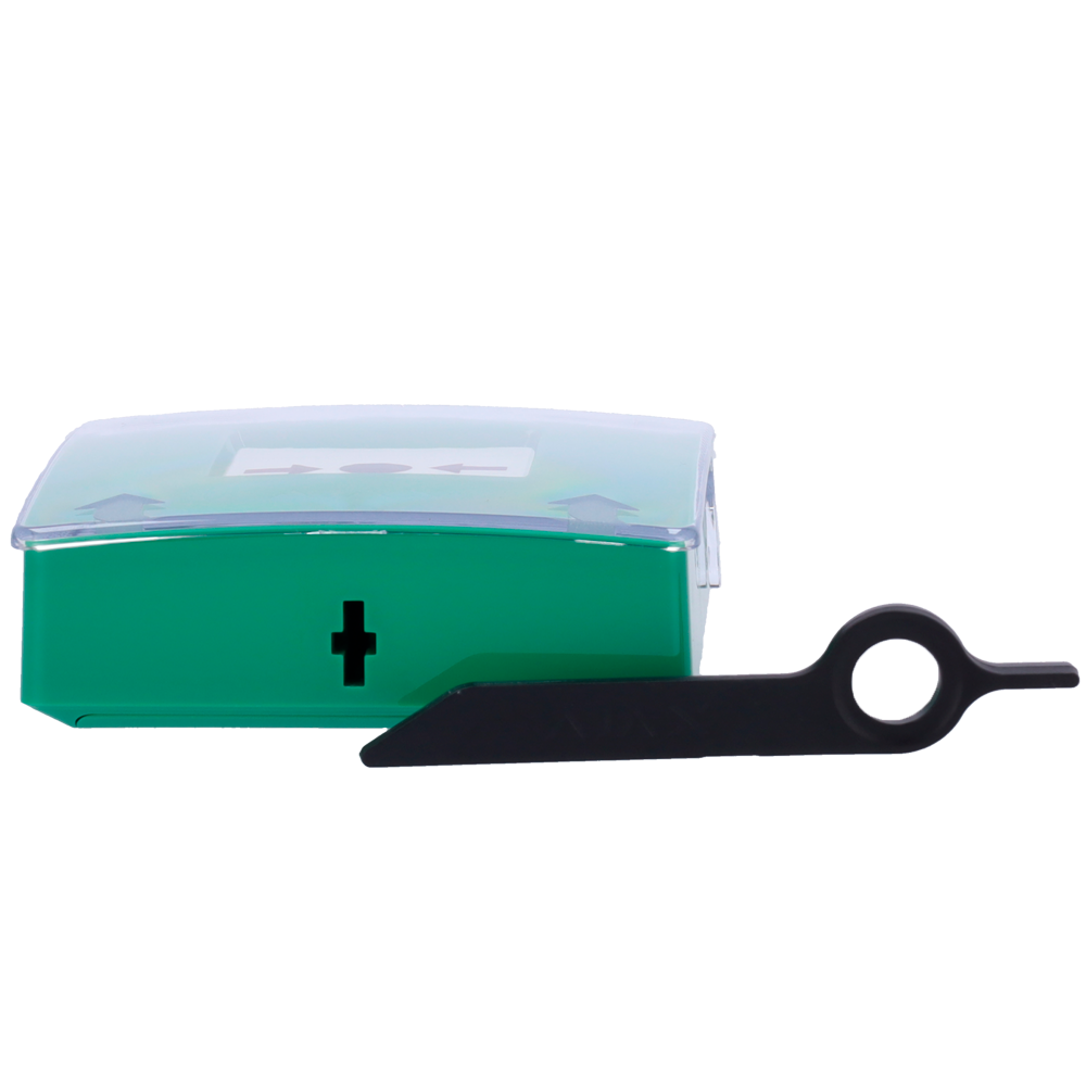 Bouton d'alarme incendie manuel vert - Sans fil 868 MHz Jeweller - Bouton d'alarme incendie ou activateur de scénario - Compatible avec la fonction d'alarme interconnectée - Transmission de l'alarme à l'ARC (configurable) - Alimentation 2 piles CR123A