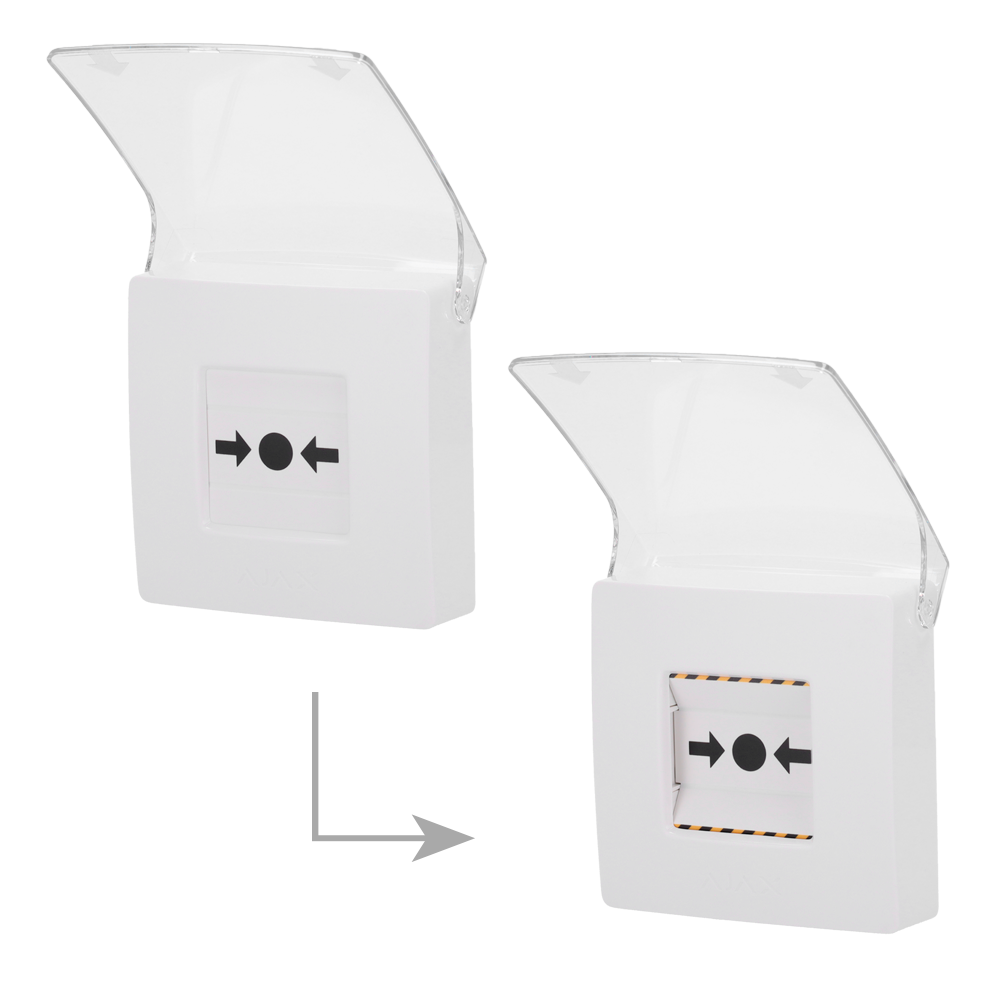 Bouton d'alarme incendie manuel blanc - Sans fil 868 MHz Jeweller - Bouton d'alarme incendie ou activateur de scénario - Compatible avec la fonction d'alarme interconnectée - Transmission de l'alarme à l'ARC (configurable) - Alimentation 2 piles CR123A