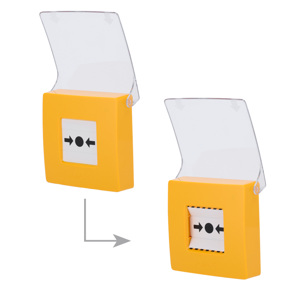 Bouton d'alarme incendie manuel jaune - Sans fil 868 MHz Jeweller - Bouton d'alarme incendie ou activateur de scénario - Compatible avec la fonction d'alarme interconnectée - Transmission de l'alarme à l'ARC (configurable) - Alimentation 2 piles CR123A