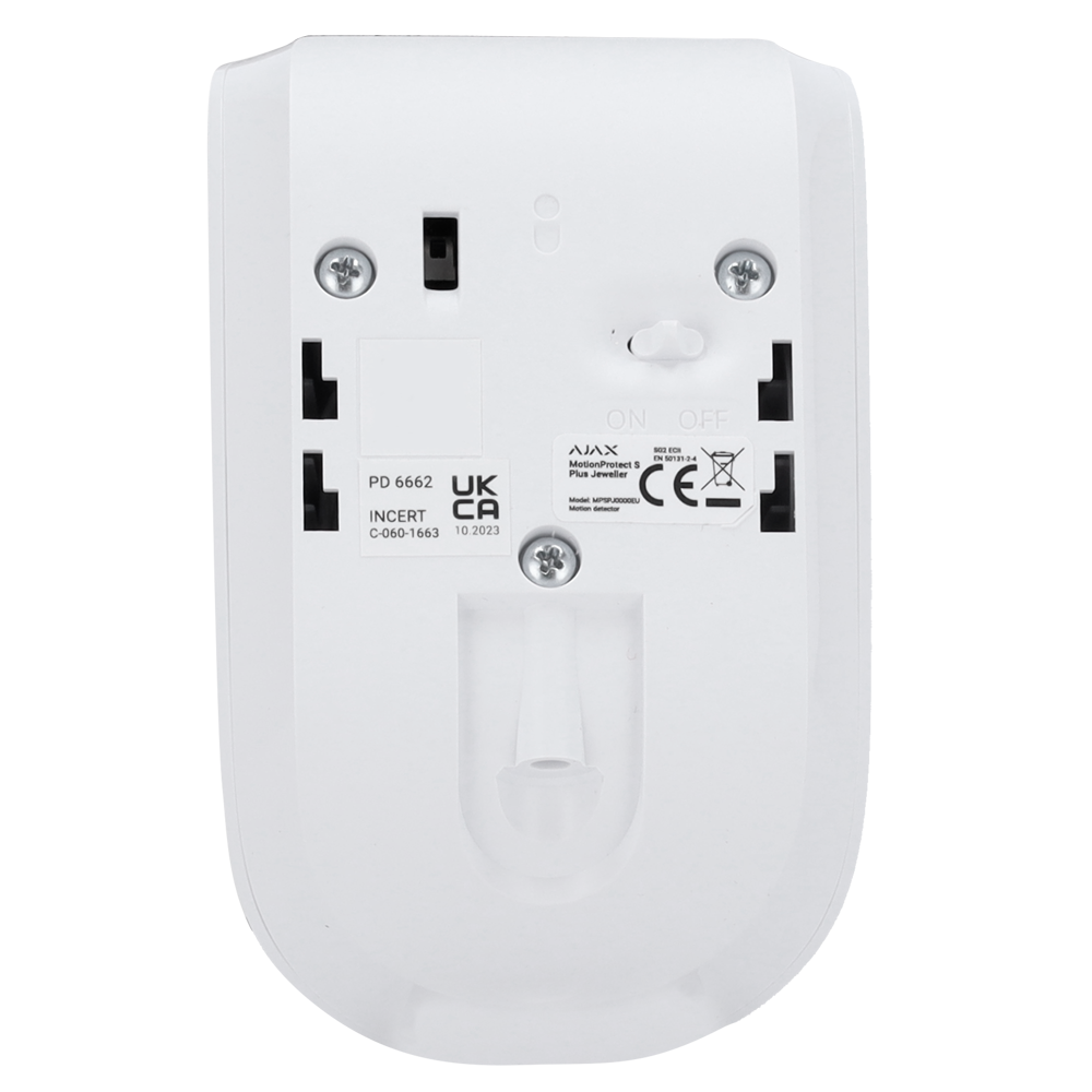 Détecteur PIR - Certifié NFA2P et grade 2 - Double technologie: PIR et micro-ondes (bande K) - Ajax Superior - Support avec vis de fixation - Sans fil 868 MHz Jeweller - Immune aux animaux de compagnie - Rang de détection 12 m