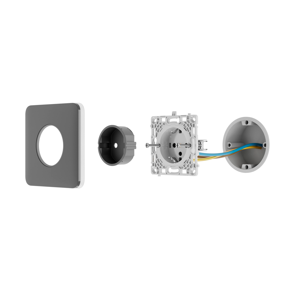 Fiche de base de type F - Alimentation électrique 250 V CA 50/60 Hz - Jusqu'à 3.6 kW (charge résistive à 250 V) - Protection contre la poussière et les éclaboussures - Anti-insertion d'objets - Pas de télécommande