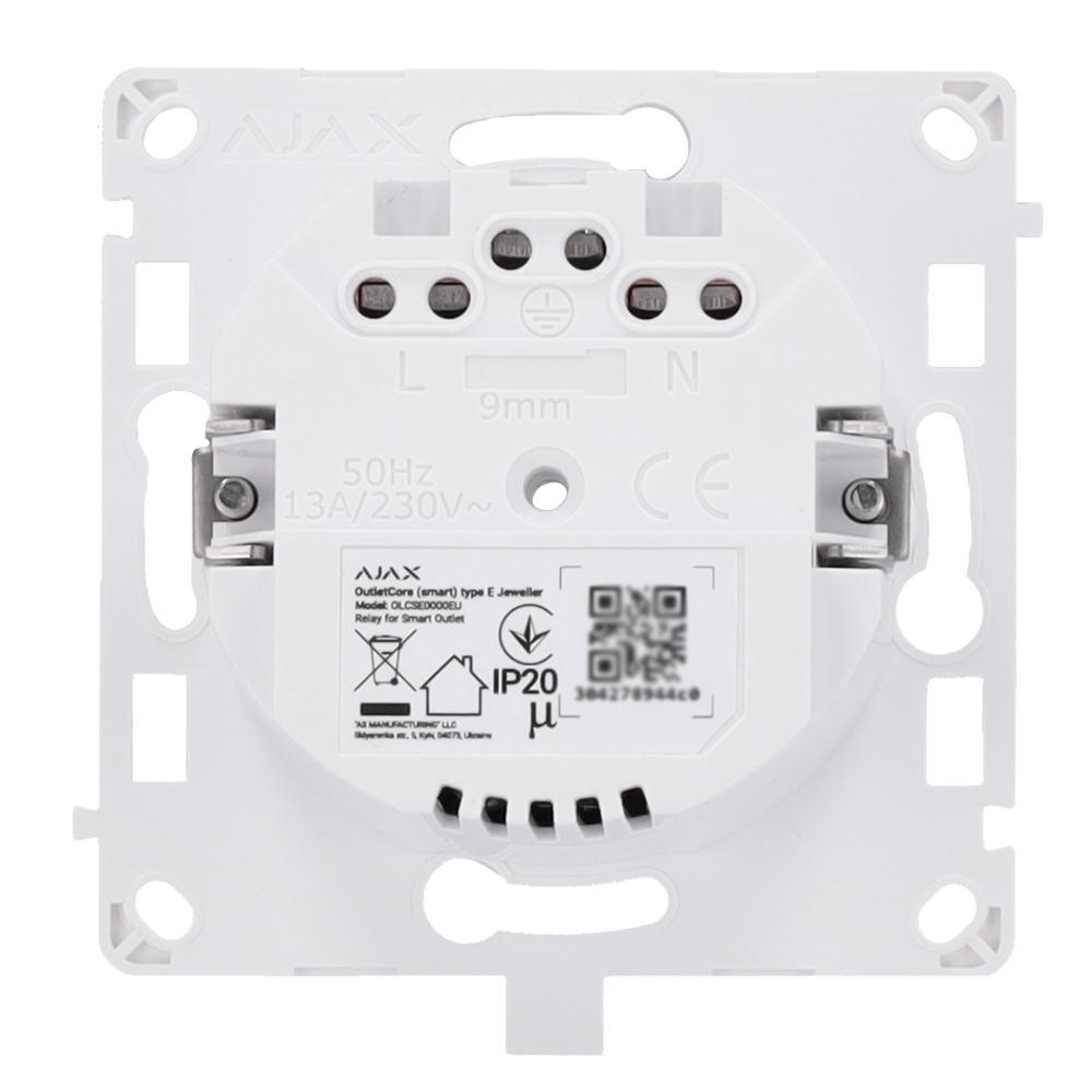 Relais pour prise intelligente de type E - Sans fil 868 MHz Jeweller - Portée de communication jusqu'à 1100 m - Alimentation électrique 230 V CA 50 Hz - Contrôle par téléphone mobile ou manuel - Contrôle de la consommation d'électricité