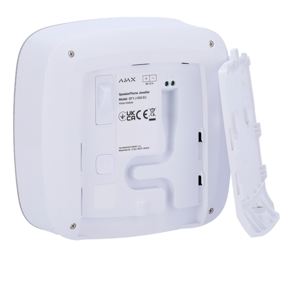 Module vocal sans fil Sans fil 868 MHz Jeweller Puissance sonore maximale 103 dB Alimentation 4 piles CR123A 3.0 V Optimisation de la voix grâce à l'IA Support avec vis de fixation 