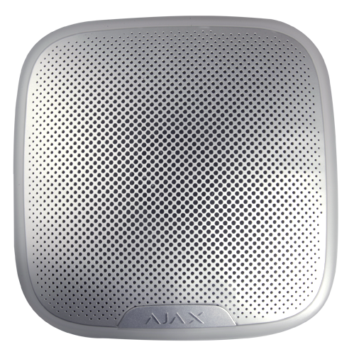 Ajax - Sirène pour extérieur - Certificat de grade 2 - Bidirectionnel - Sans fil 868 MHz Jeweller - Antenne interne espace libre 2000 m - 85~113 dB a 1 m de distance - Durée maximale du son 3 minutes - Lumière d'avertissement d'alarme et armer/désarmer - 