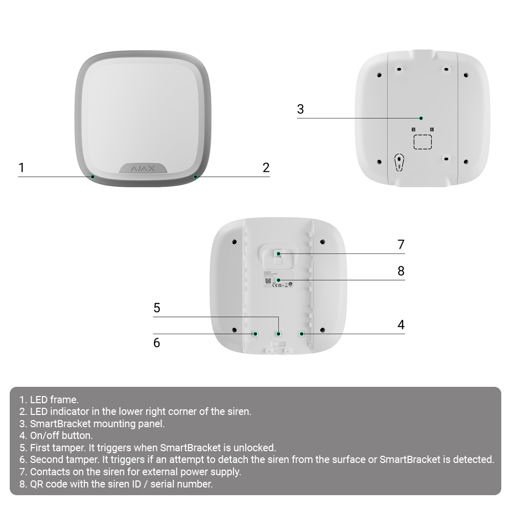 Sirena exterior certificado NFA2P y grado 2 - Ajax Superior - Detección y alerta de inhibición - Alimentación 8 pilas CR123A 3.0 V Huiderui - Inalámbrico 868 MHz Jeweller - Presión sonora máxima 107 dB