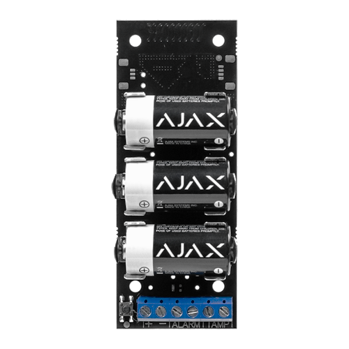 Ajax - Émetteur par radio - Sans fil 868 MHz Jeweller - Antenne interne espace libre 1600 m - Entrée câblée d'alarme et tamper anti-sabotage - Détection d'inhibition - Tamper anti-ouverture - Sortie d'alimentation 3 V - Alimentation 3 pile CR123A 3.0 V - 