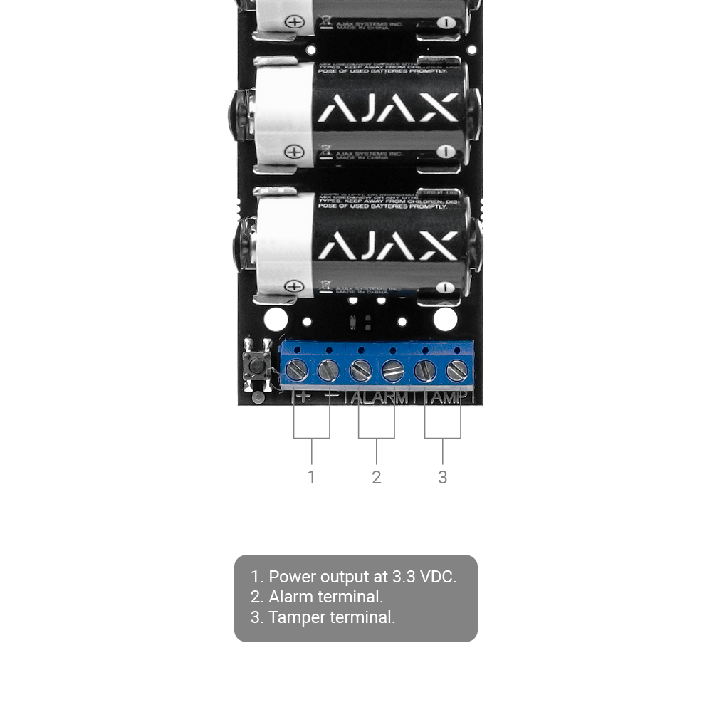 Ajax - Émetteur par radio - Sans fil 868 MHz Jeweller - Antenne interne espace libre 1600 m - Entrée câblée d'alarme et tamper anti-sabotage - Détection d'inhibition - Tamper anti-ouverture - Sortie d'alimentation 3 V - Alimentation 3 pile CR123A 3.0 V - 