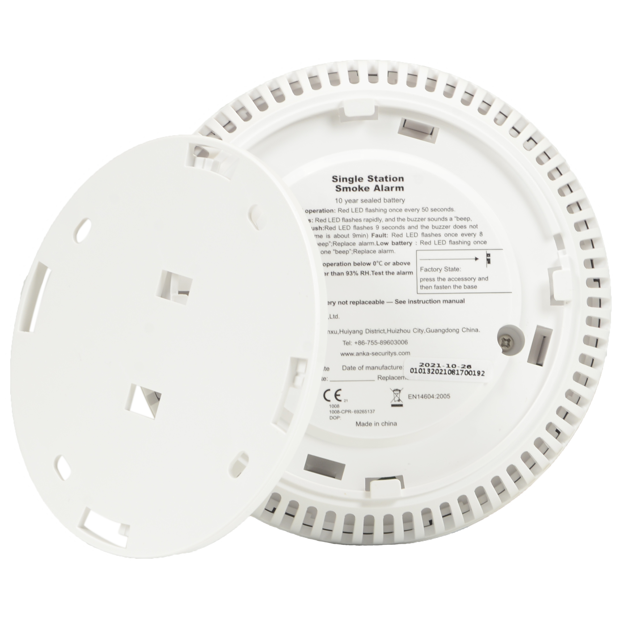 Détecteur de fumée autonome ANKA Durée de vie de la batterie 10 ans Témoin lumineux d'alarme Alarme sonore 85 dB à 3m Bouton de test Certifié EN 14604:2005