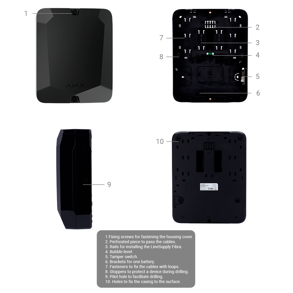 Boîtier noir pour l'installation et la connexion du module Fibra LineSupply  Certificat de grade 3 Boîtier avec 1 emplacement Emplacement pour une batterie de 7 Ah Niveau à bulle préinstallé Auto-protection fournie
