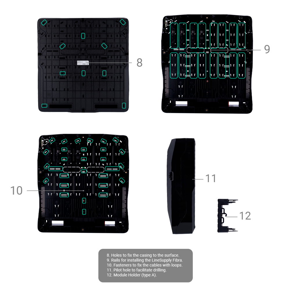 Boîtier noir avec 8 emplacements pour modules Fibra Compatible avec les dispositifs Fibra: LineProtect, LineSplit, MultiRelay et LineSupply Espace pour 2 batteries jusqu'à 18 Ah Niveau à bulle préinstallé Auto-protection fournie