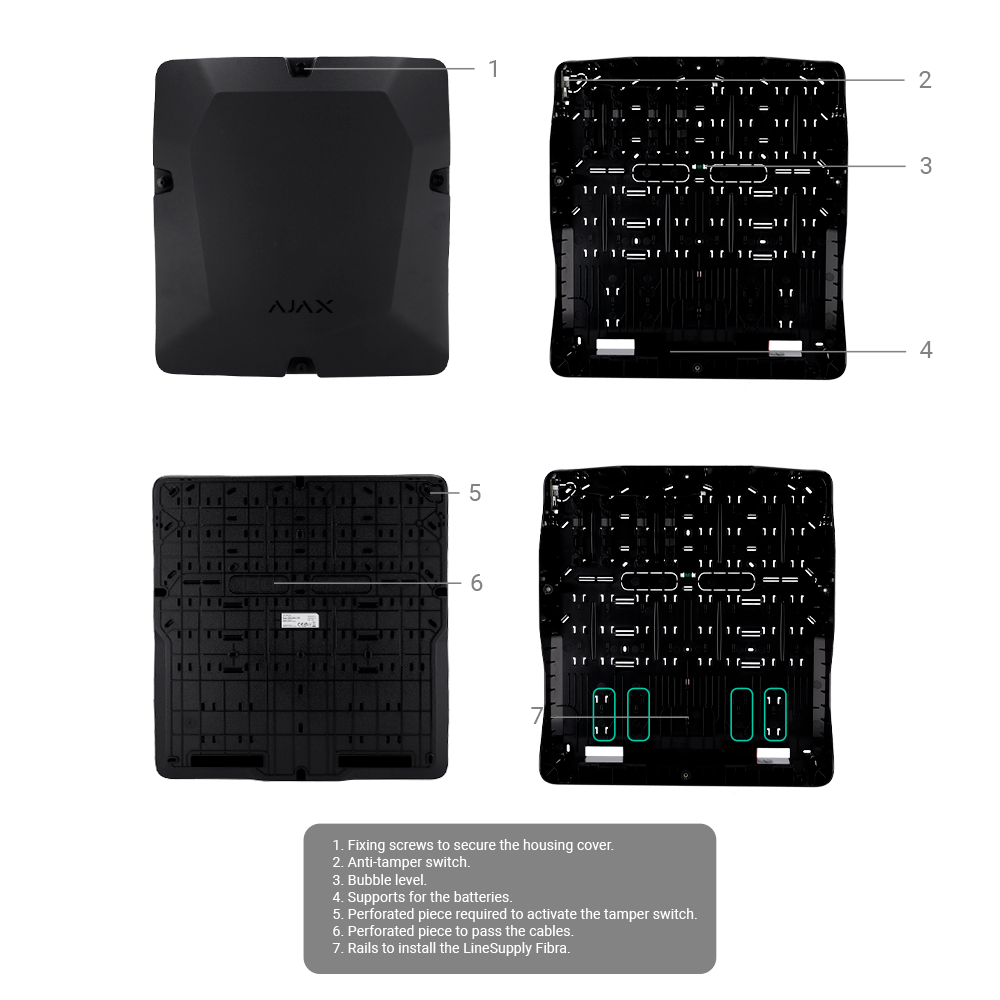 Boîtier noir avec 8 emplacements pour modules Fibra Compatible avec les dispositifs Fibra: LineProtect, LineSplit, MultiRelay et LineSupply Espace pour 2 batteries jusqu'à 18 Ah Niveau à bulle préinstallé Auto-protection fournie