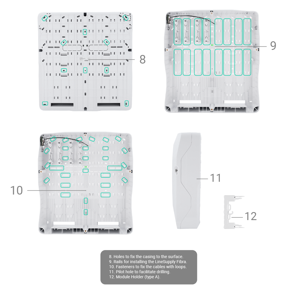 Boîtier blanc avec 8 emplacements pour modules Fibra Compatible avec les dispositifs Fibra: LineProtect, LineSplit, MultiRelay et LineSupply Espace pour 2 batteries jusqu'à 18 Ah Niveau à bulle préinstallé Auto-protection fournie