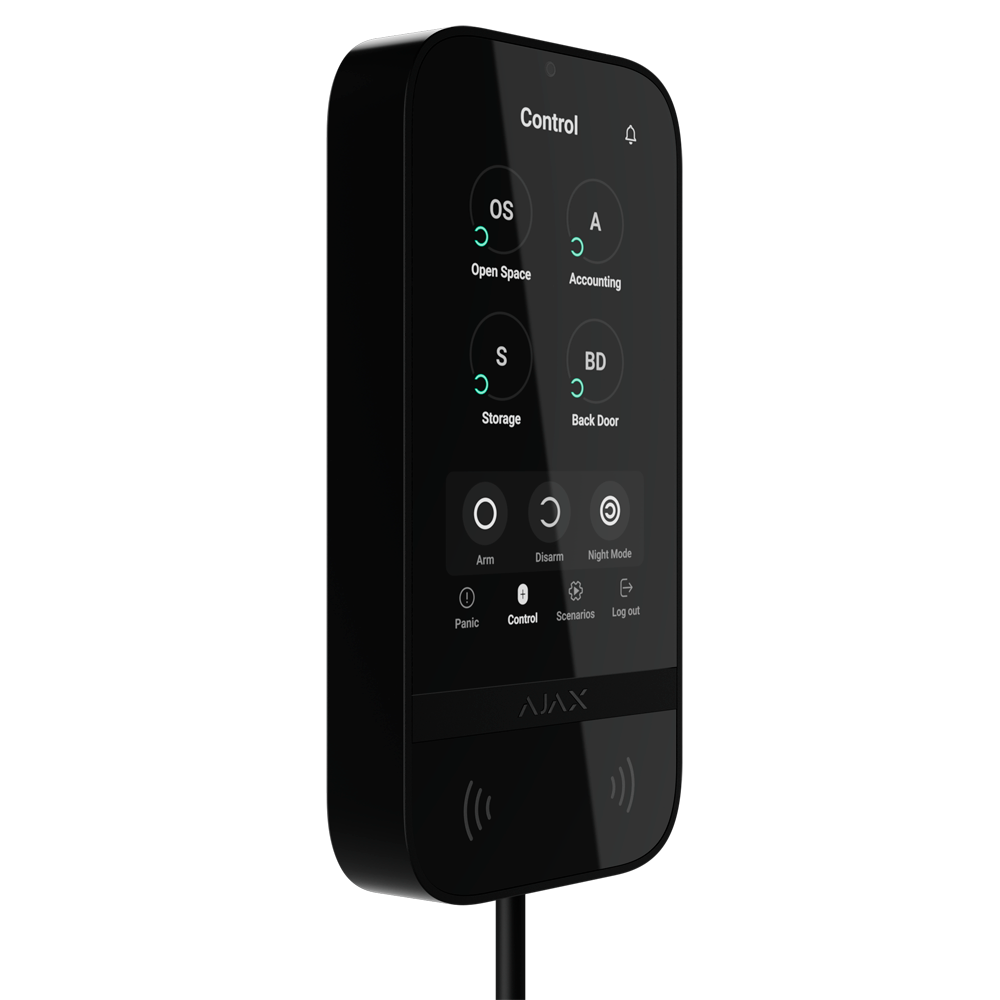 Clavier à écran tactile IPS avec lecteur RFID - Armement/désarmement complet ou groupé - Contrôle des scénarios d'automatisation - Authentification: codes, lecteur RFID ou Bluetooth - Connexion filaire et alimentation électrique externe à 12VDC - Certifié Grade 3