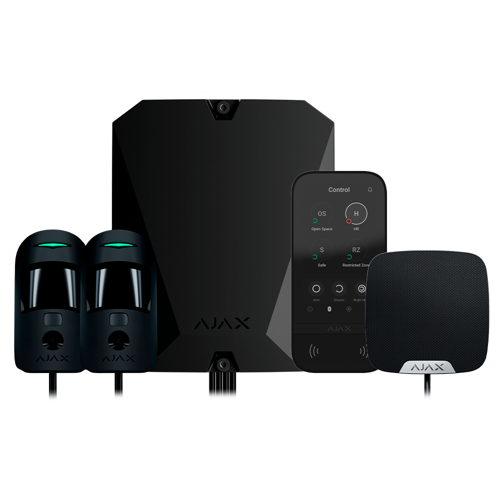 Kit d'alarme professionnelle - Certifié Grade 2 - Communication Ethernet et double SIM 4G - Protocoles Jeweller, Wings et Fibra - Inclus: panneau hybride, 2 PIRCAMs câblés, - Sirène intérieure et clavier à écran tactile