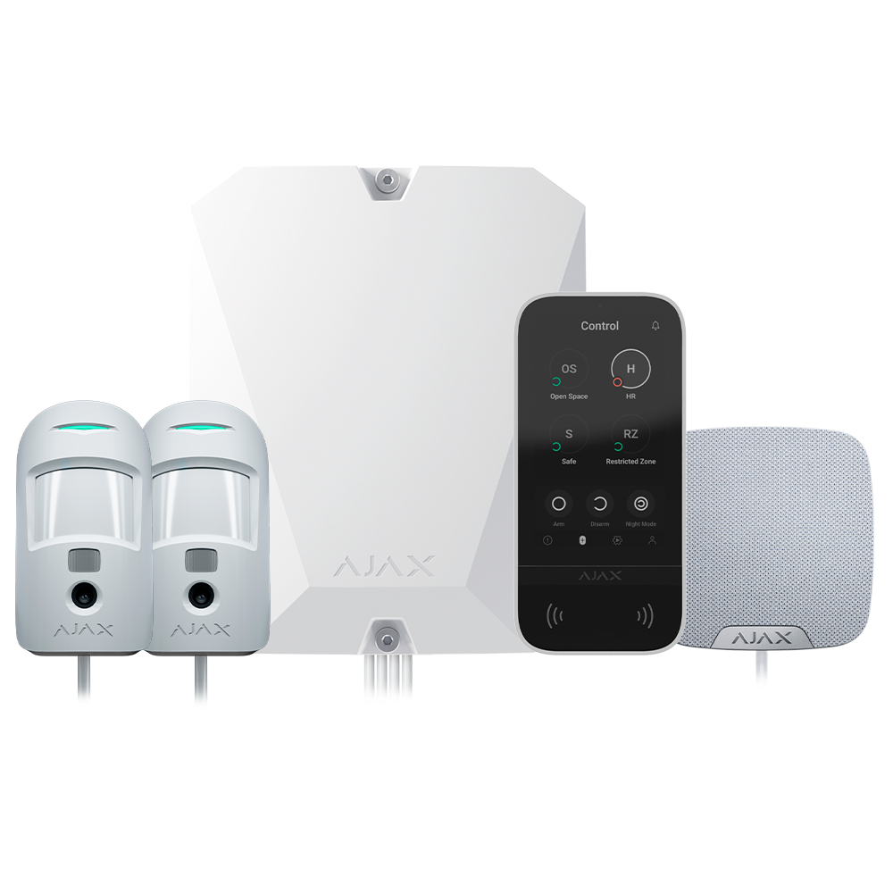 Kit d'alarme professionnelle - Certifié Grade 2 - Communication Ethernet et double SIM 4G - Protocoles Jeweller, Wings et Fibra - Inclus: panneau hybride, 2 PIRCAMs câblés, - Sirène intérieure et clavier à écran tactile