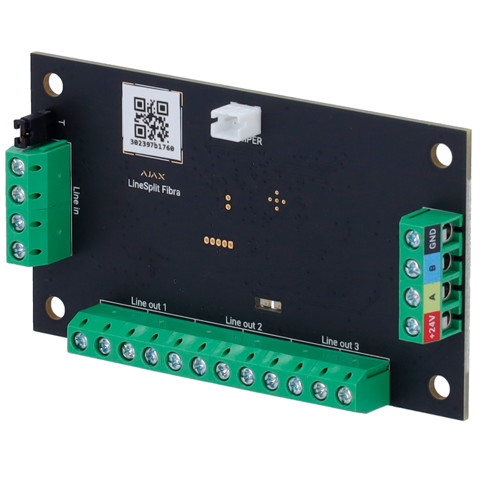 Module splitter de bus 1 entrée / 4 sorties Protocole Fibra Certificat de grade 3 Portée du câble jusqu'à 2.000 mètres Installation sur n'importe quelle partie du bus, y compris derrière un autre LineSplit