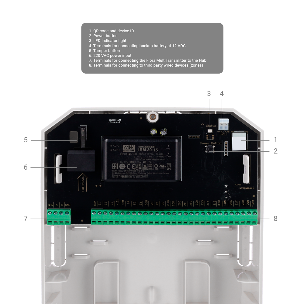 Extenseur de zones câblées Grade 3 - Certification NFA2P - Protocole Fibra - Jusqu'à 18 entrées câblées  - Alarme configurable NF, NO, EOL, 2EOL, 3EOL - Double sortie d'alimentation 12V / 1A
