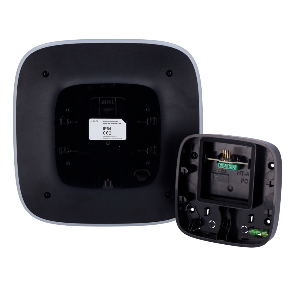 Sirène extérieure noire Protocole Fibra Certifié grade 3 Bidirectionnel Borne de connexion pour 4 fils Alimentation 24 V DC 85~113 dB à 1 m de distance Durée maximale du son 3 minutes Alarme et voyant d'avertissement d'armement/désarmement 