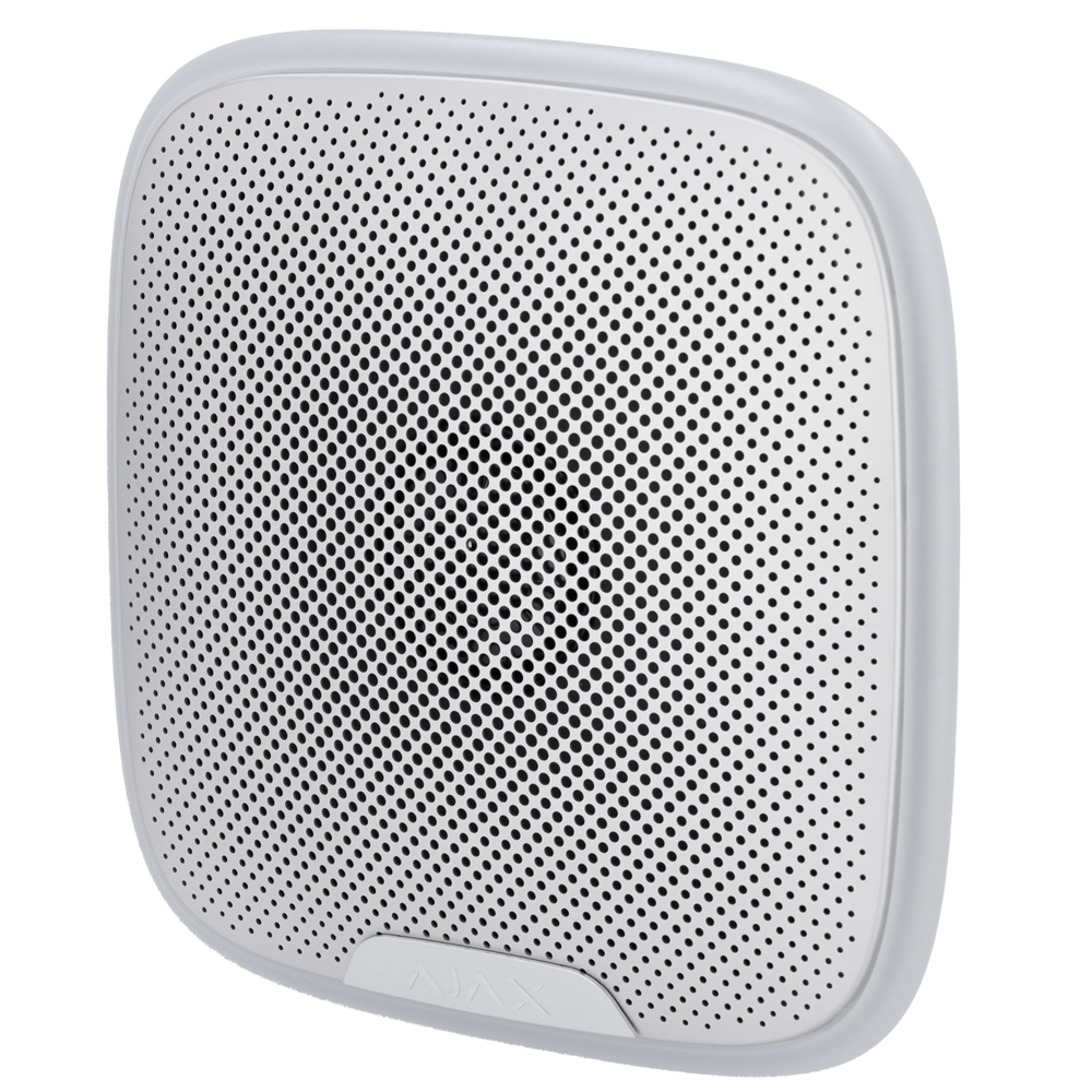 Sirène extérieure blanche Protocole Fibra Certifié grade 3 Bidirectionnel Borne de connexion pour 4 fils Alimentation 24 V DC 85~113 dB à 1 m de distance Durée maximale du son 3 minutes Alarme et voyant d'avertissement d'armement/désarmement 