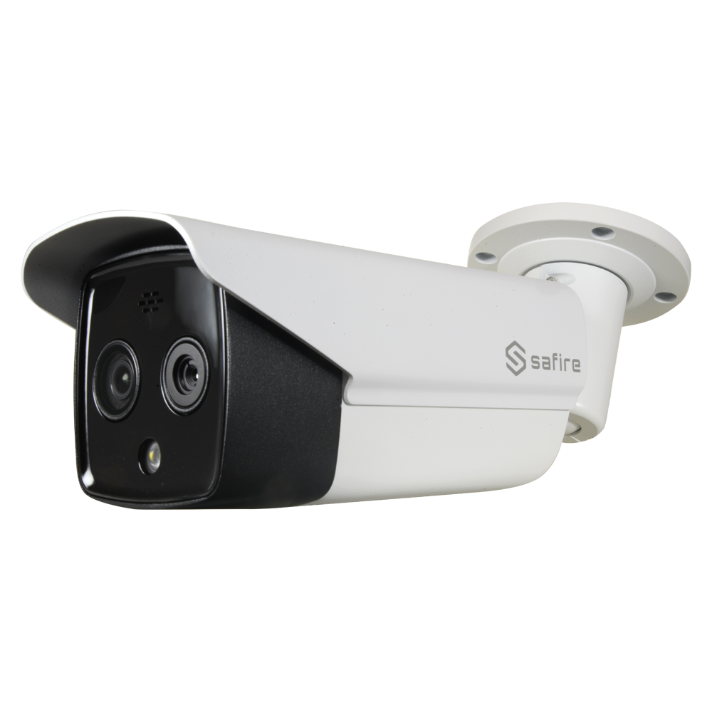Caméra Bullet Thermique Dual IP Capteur thermique 256x192 Vox Objectif 3.1 mm (thermique) Plage de mesure de la température -20º C~150º C (±8ºC) Sensibilité thermique < 40mK Objectif 4 mm (optique)  4 Megapixel (2688x1520) IR Portée 15m 