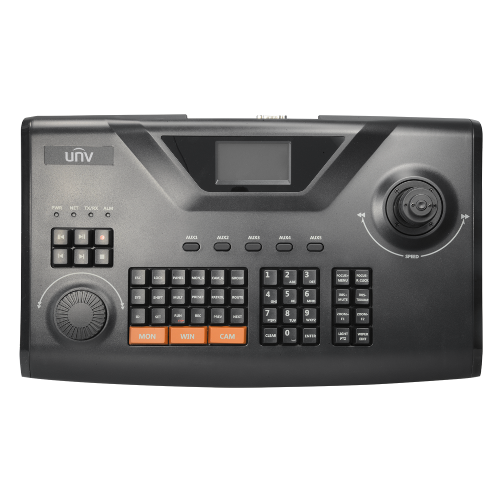 Pupitre de commande PTZ IP UNV  Produit professionnel  Gestion caméra + enregistreur  Onvif 2.4  Affichage LCD  Carte réseau  Joystick 4D  Connexion RS485/232 supplémentaire Garantie 36 mois
