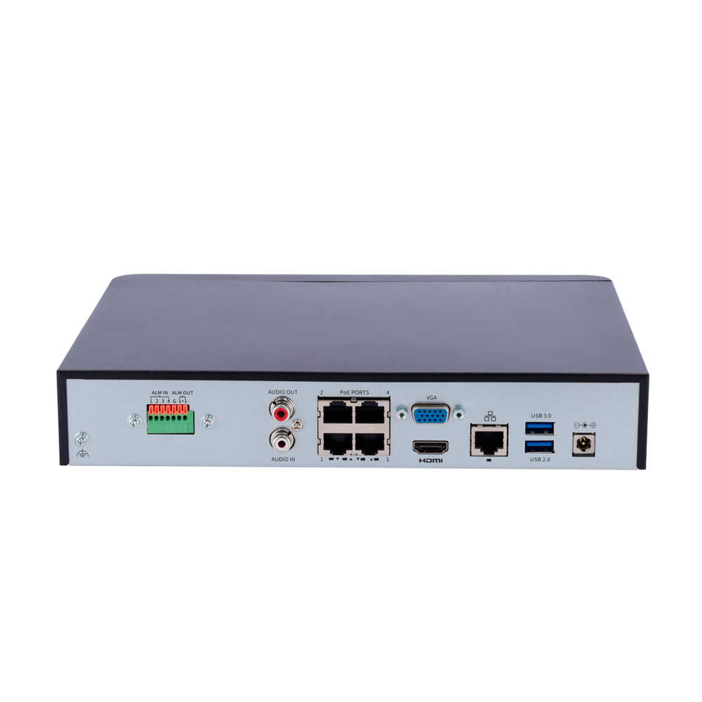 Enregistreur NVR pour caméra IP - Gamme Prime - 4 CH vidéo  / Compression Ultra H.265 - 4 Canaux PoE - Résolution maximale 8Mpx - Bande passante 80 Mbps - Support 1 disque dur