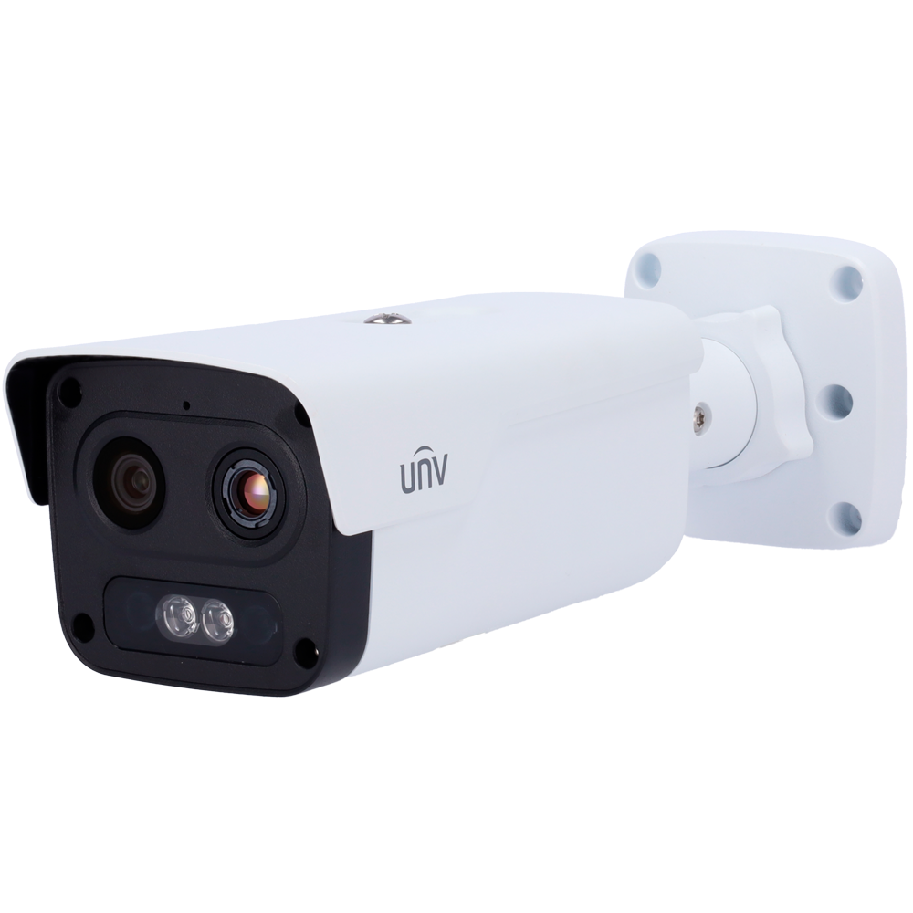 Caméra thermique Dual IP Uniview Thermique: 256x192  Objectif 3.2 mm Optique: 4 MP Objectif 4 mm Microphone, Haut-parleur, Alarmes SIP  Détecteur d'incendie Détecteur de fumée PoE Plage de mesure temp. de -20 à 150ºC / ± 8ºC
