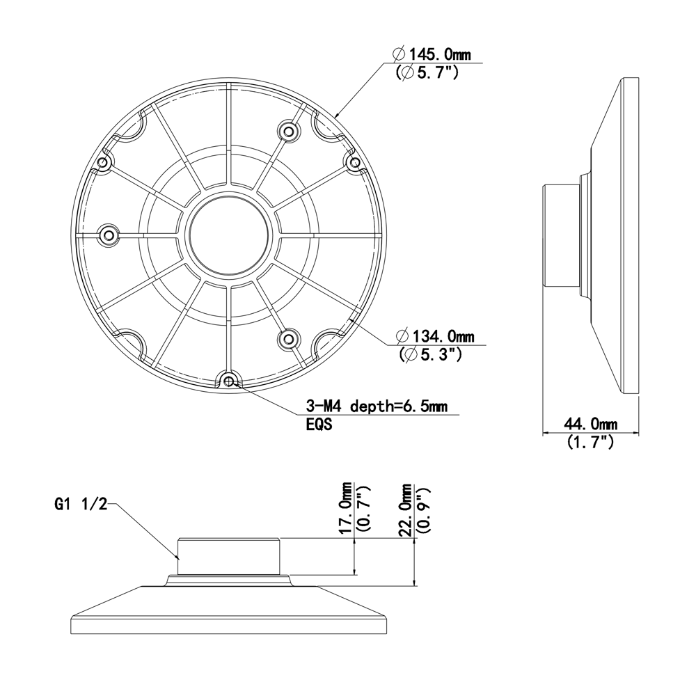 Adaptateur pour caméras dome - Fabriqué en aluminium - 44 (H) x 149 (Ø) mm - Passage de cable