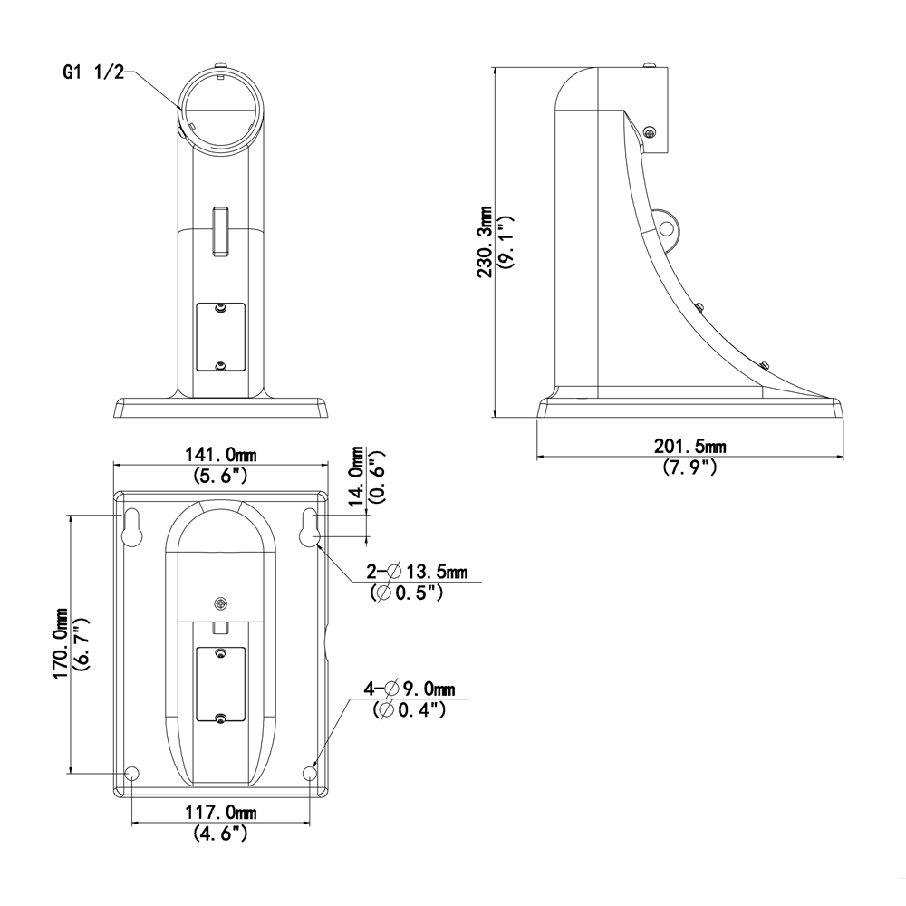 Col de cygne pour caméra -  Dimensions 230x141x201mm - Compatible avec gammes UNV (IPC62X) et accessoires TR-xx08-IN -  Place disponible dans le support pour connexion