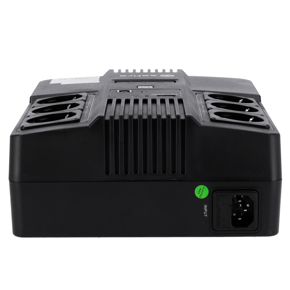 Onduleur monophasé interactif en ligne Puissance 600VA/360W Entrée 220~240 Vac /Sortie 230 Vac 6 sorties SAI/UPS protégées Temps de recharge 6~8 h Batterie plomb-acide scellée (incluse)