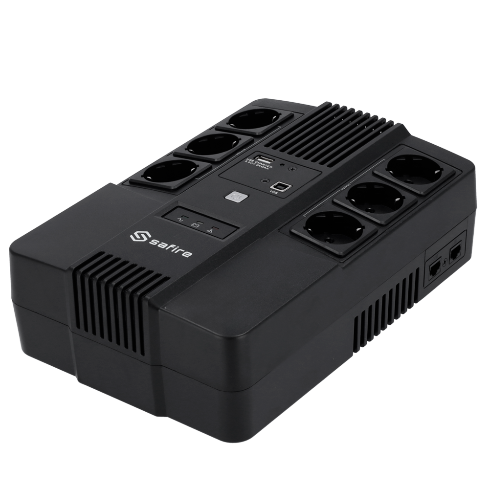 Onduleur monophasé interactif en ligne Puissance 600VA/360W Entrée 220~240 Vac /Sortie 230 Vac 6 sorties SAI/UPS protégées Temps de recharge 6~8 h Batterie plomb-acide scellée (incluse)