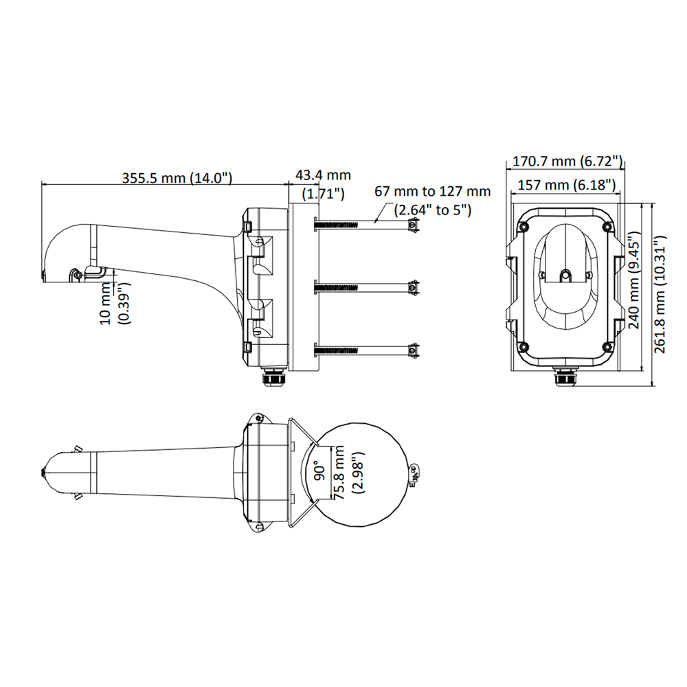 Support pour mât avec boîte de connexion pour dômes motorisés extérieure - Couleur blanche - Passage de câble 240 mm (H) x 170,7 (L) mm x 355.5 (Pr) mm