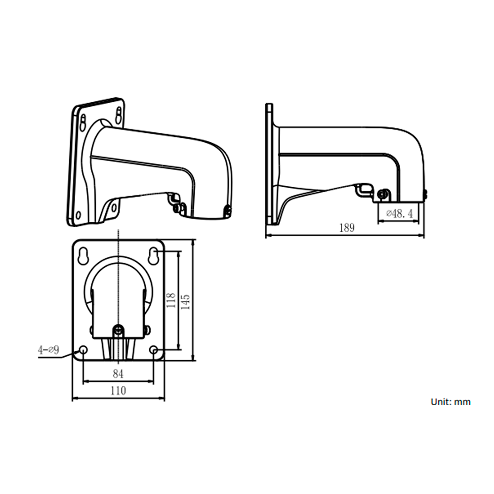 Support mural - Pour caméras dôme - Adapté pour une utilisation extérieure - Couleur blanche - Compatible avec Hiwatch Hikvision - Passage de câble