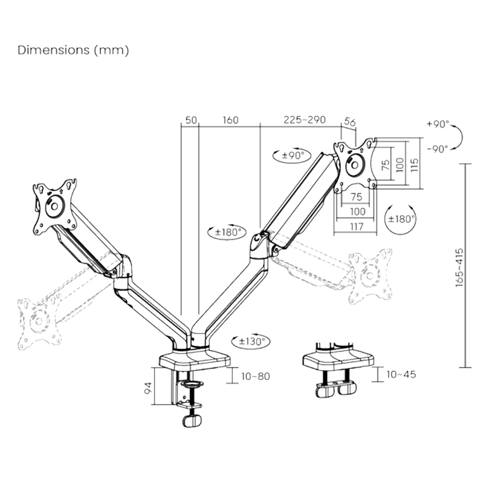 Support pour deux moniteur LCD - Installation sur Table - Inclinaison -90° + 90° -Vesa 75X75 et 100X100mm - Charge Maximale 9Kg