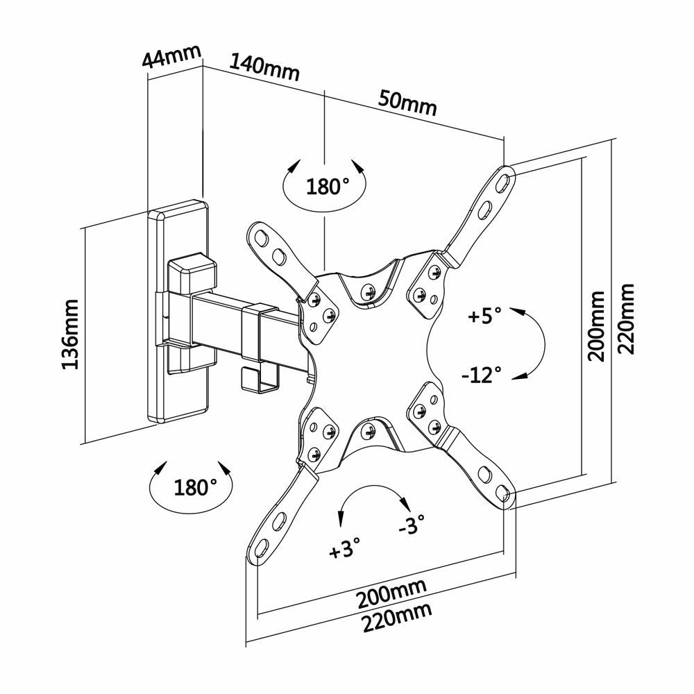 Support mural pour moniteur LCD Inclinaison -12º ~ 5º Rotation -90º ~ 90º Separation du mur 60~190 mm Charge maximale 20 Kg Ecrans 13"~42"